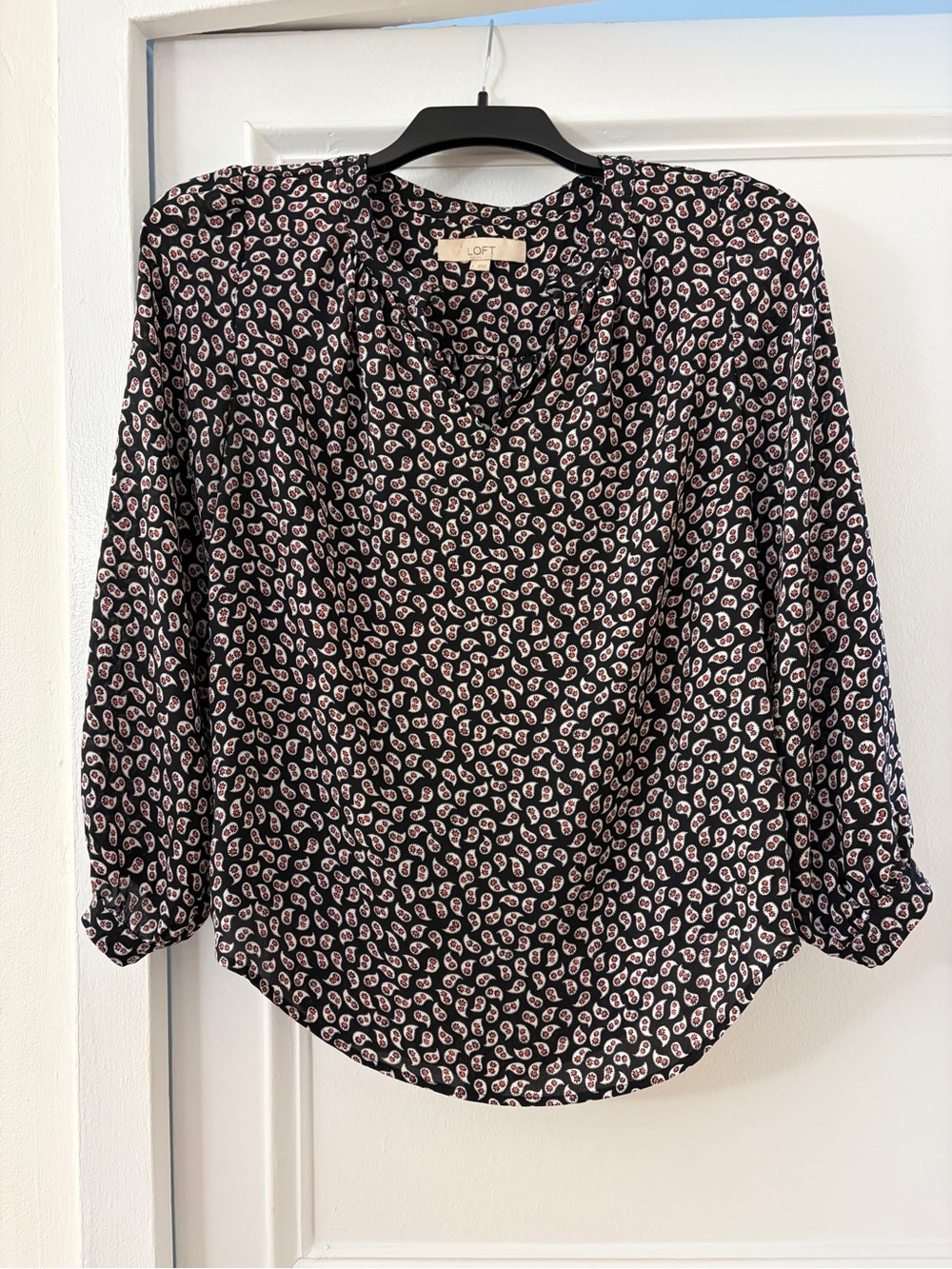 LOFT Black Paisley-Print Long Sleeve Blouse